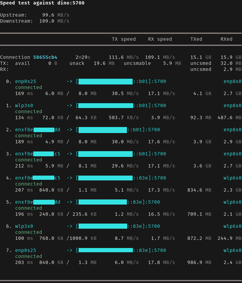 Terminal screenshot of the link monitor: a speed test running at about 100 megabytes per second in both directions over eight links between two machines, each line showing one link with its interface, address, latency and throughput.